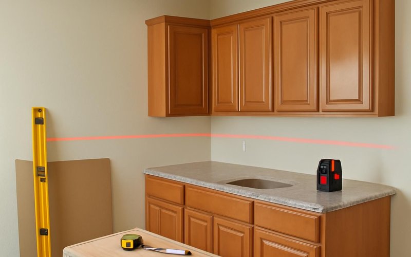 AI concept: Installer measuring a kitchen wall with a laser