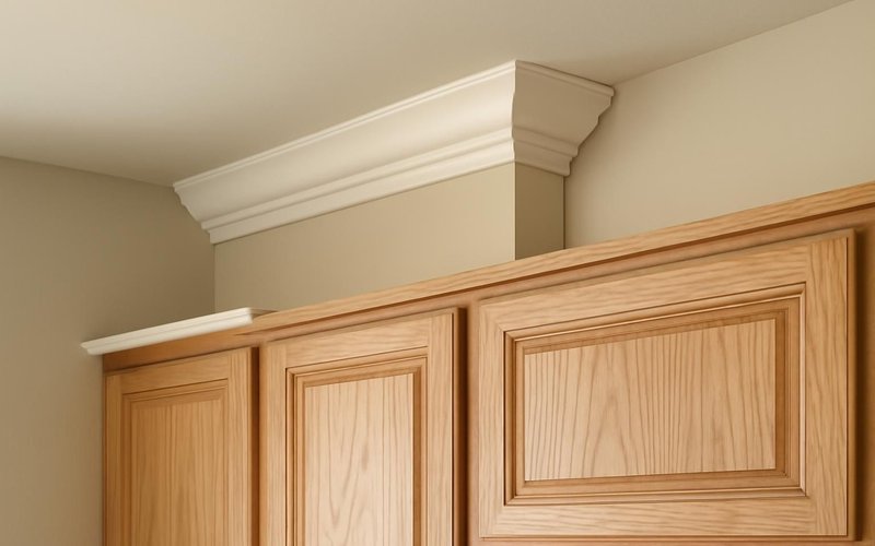 AI concept: Crown molding being fitted above new cabinets