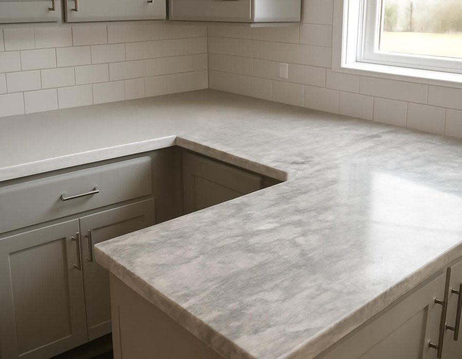 AI concept: White quartz countertop beside a veined quartzite countertop in similar kitchens