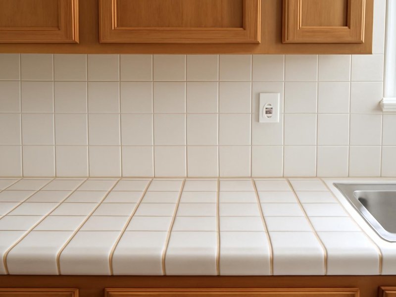 AI concept: Existing condition: white tile counters with stained grout lines