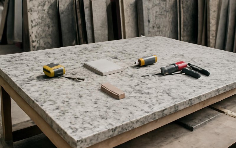 AI concept: Homeowner choosing a quartz slab at a stone yard