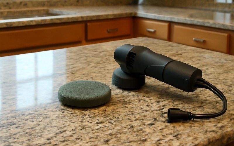 AI concept: A finished polished granite kitchen countertop with a polishing pad and unplugged polishing tool resting nearby, no people, no active work