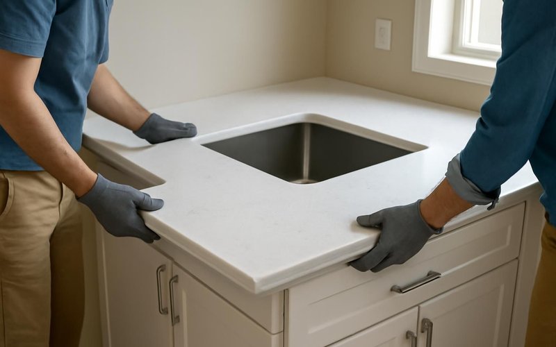 AI concept: Installers setting a quartz countertop