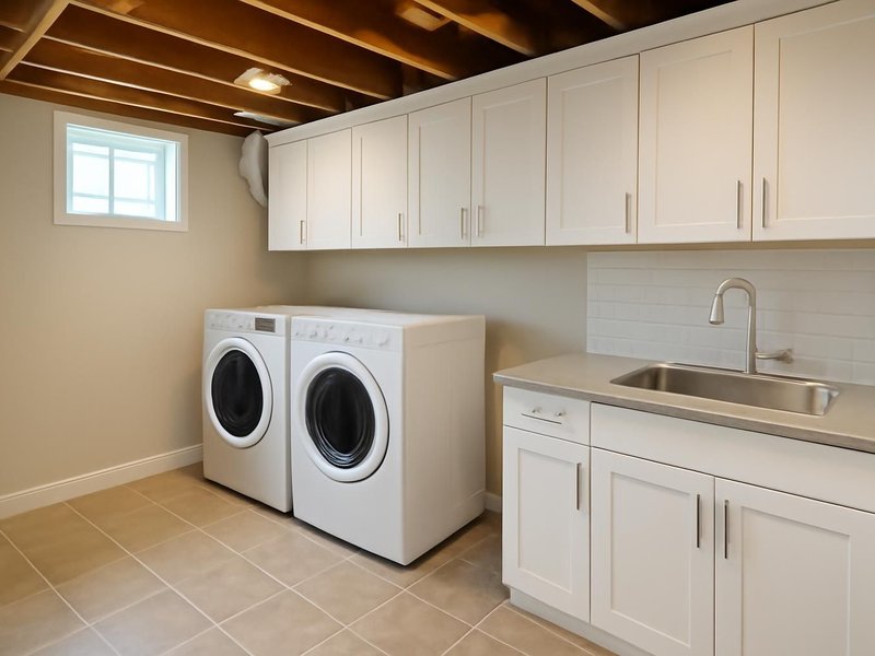 AI concept: Remodeled idea: basement laundry with cabinets, a tile floor and a steel sink