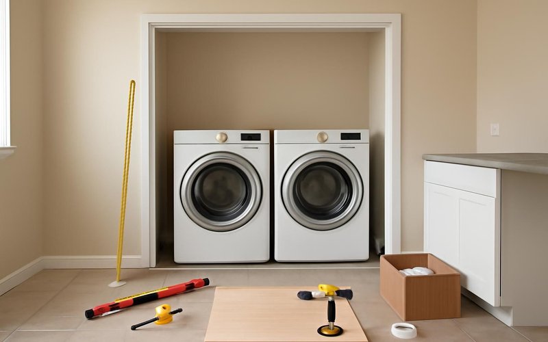 AI concept: Supervisor measuring a washer and dryer alcove