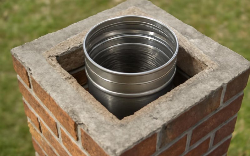 AI concept: Stainless steel flue liner lowered into a chimney