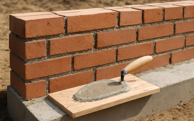 AI concept: A partly built brick wall with neatly placed mortar and a trowel resting on a board, no people