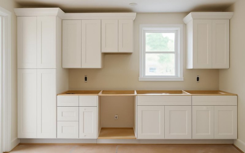 AI concept: Semi-custom shaker cabinets being installed