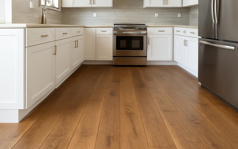 AI concept: Engineered hardwood flooring in a kitchen