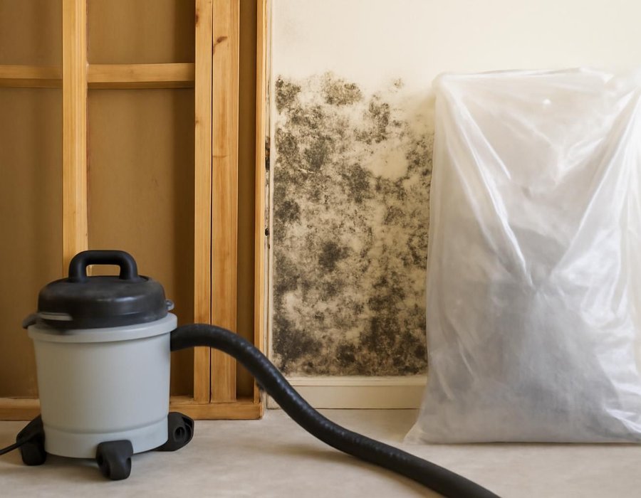 Framing being HEPA vacuumed beside moldy drywall bagged for removal