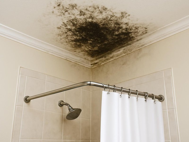 Before: black mold on a bathroom ceiling above a shower with no fan