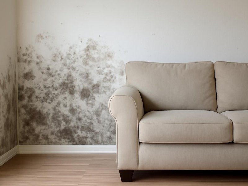 Before: basement drywall stained with mold behind a sofa