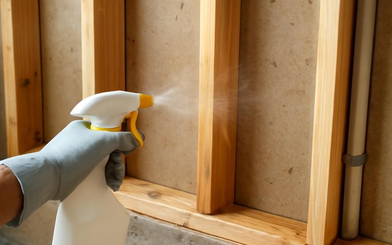 Sealer being sprayed on cleaned framing