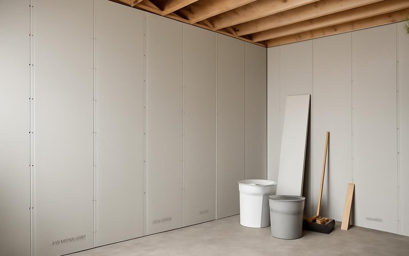 Mold-resistant drywall panels on a basement wall