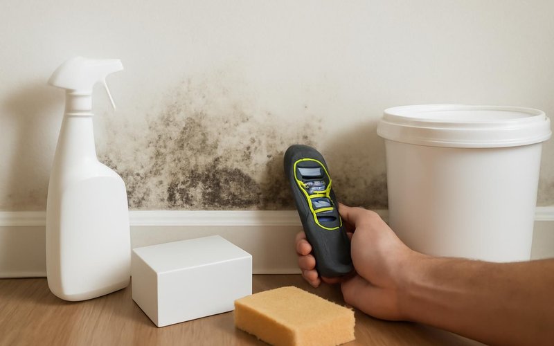 Crew lead taking moisture readings on a wall