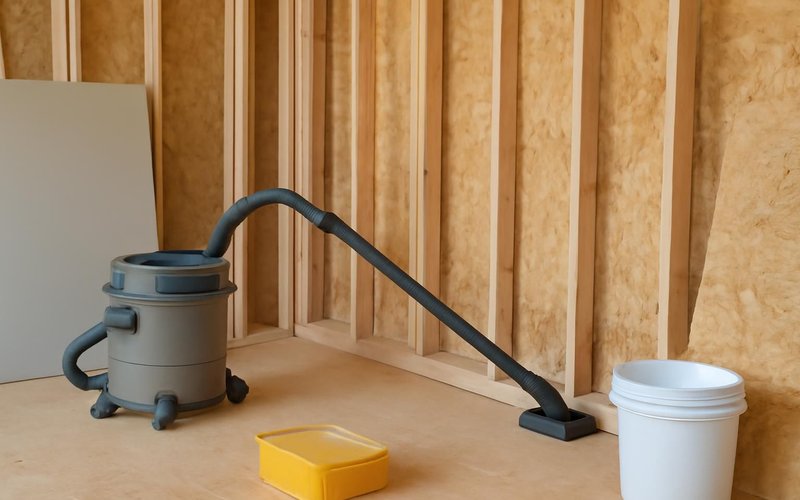 Technician HEPA vacuuming wall framing