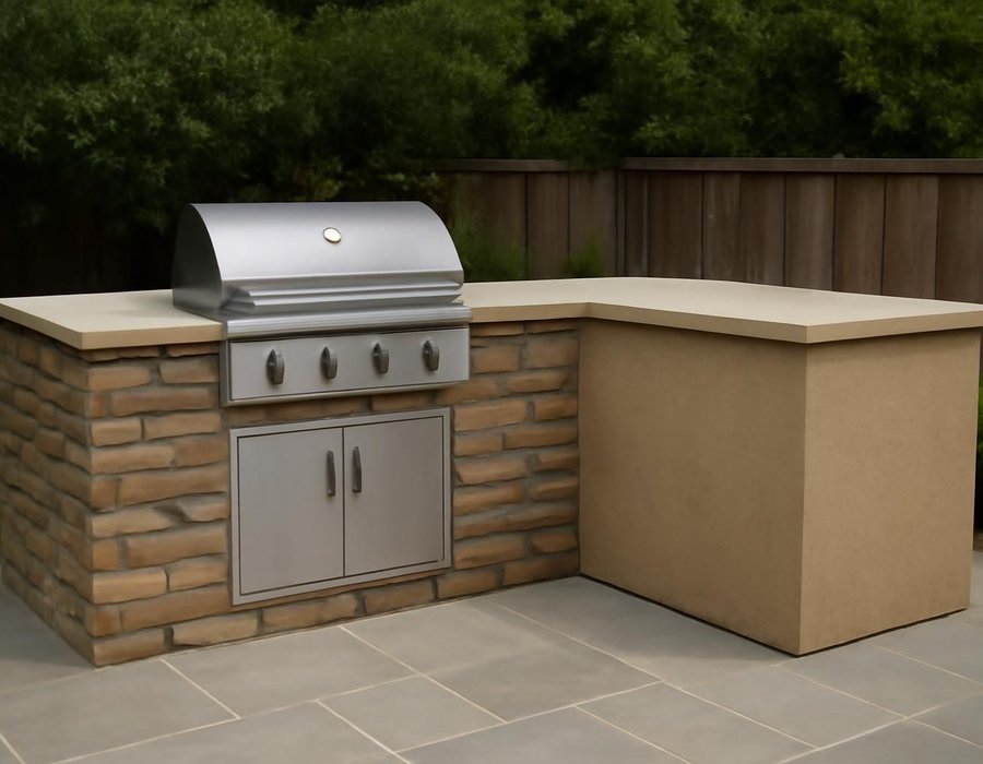 AI concept: Stone veneer masonry grill island next to a modular island with a stucco finish