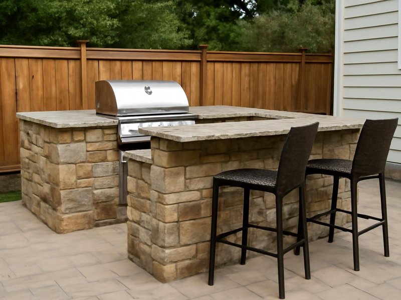 AI concept: Remodeled idea: stone grill island with granite counter and bar stools