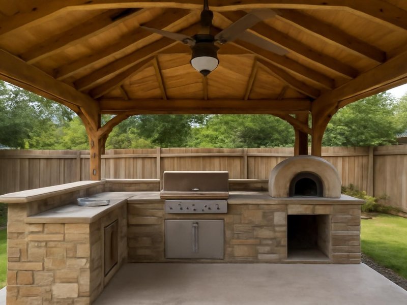 AI concept: Remodeled idea: covered pavilion kitchen with a fan and pizza oven