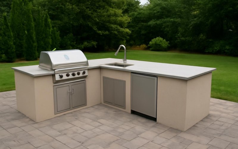 AI concept: Outdoor kitchen layout drawn over a patio photo