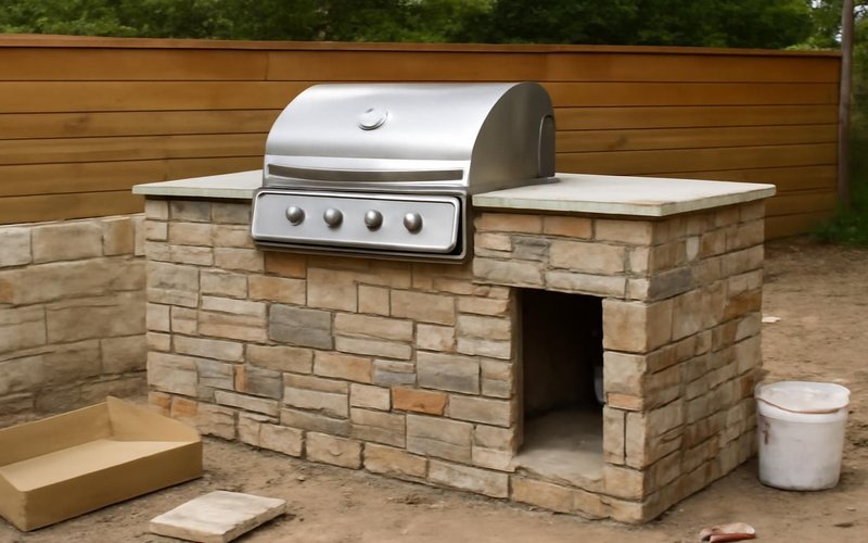 AI concept: Stone veneer being set on a grill island
