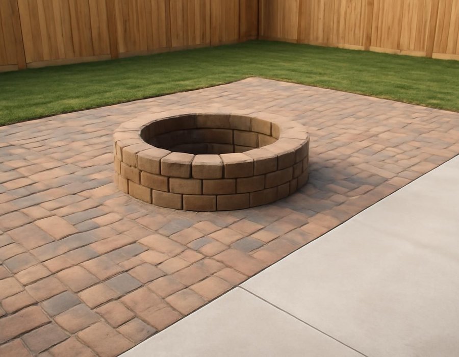 AI concept: Paver patio with a fire pit next to a poured concrete patio