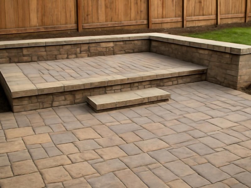 AI concept: Remodeled idea: two-level paver patio with a seat wall and steps