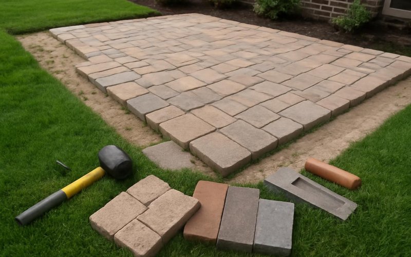 AI concept: Homeowner choosing paver samples on the lawn