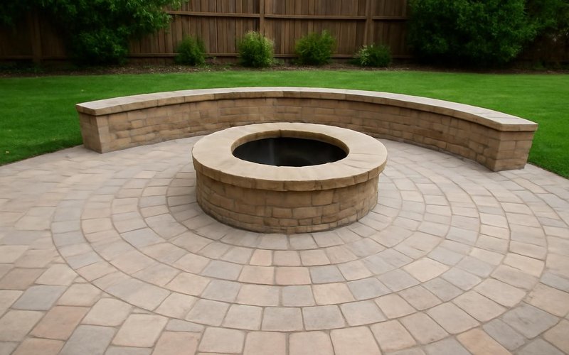 AI concept: Finished paver patio with a fire pit and seat wall