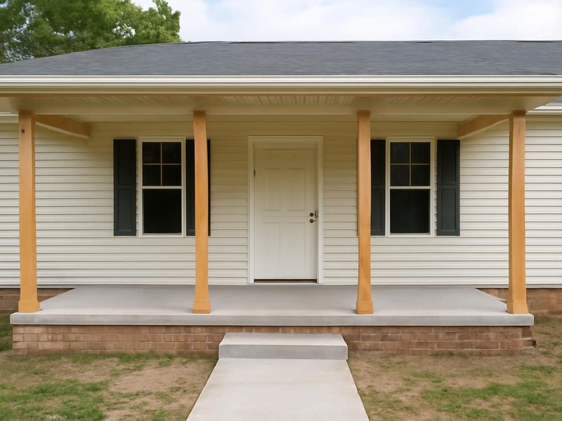 AI concept: Existing condition: ranch house with a flat facade and a narrow walk