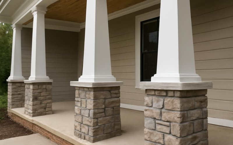 AI concept: Tapered white fiberglass porch columns on stone bases
