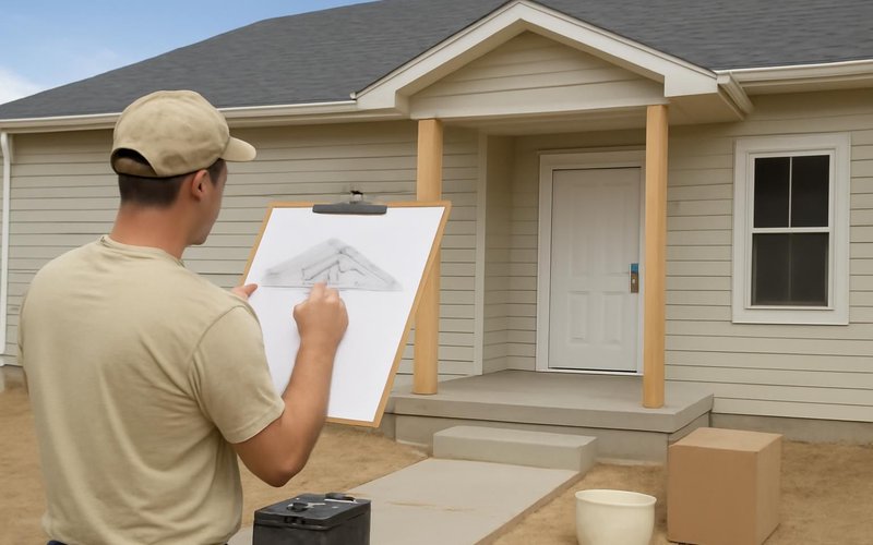 AI concept: Porch supervisor sketching a porch roofline on a photo of the house