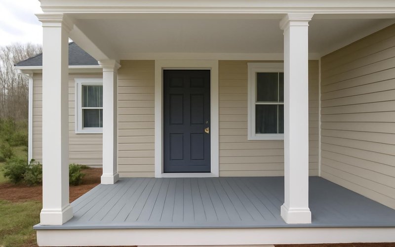 AI concept: Finished covered front porch with white columns and a gray floor