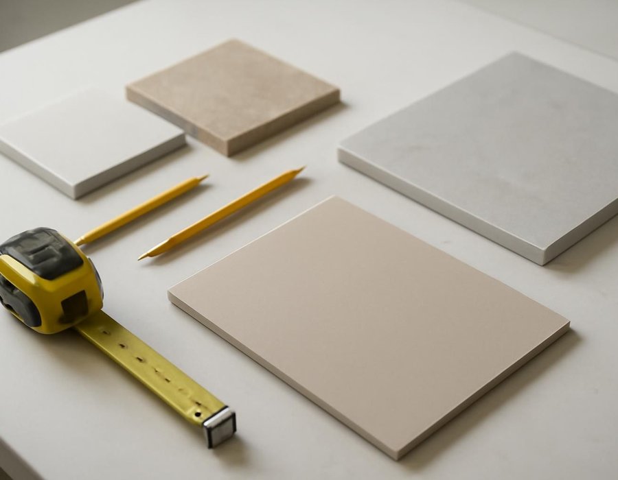 AI concept: A natural close photograph of a remodeling planning worktable for primary bathroom remodel with appropriate unmarked material samples, pencil, tape measure and a completely blank closed folder. No drawings or paper with markings