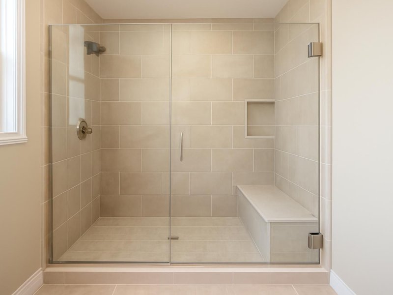 AI concept: Remodeled idea: walk-in shower where the tub deck was, with a bench and glass