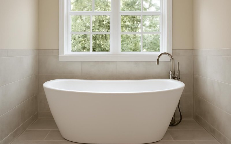 AI concept: White freestanding soaking tub under a window