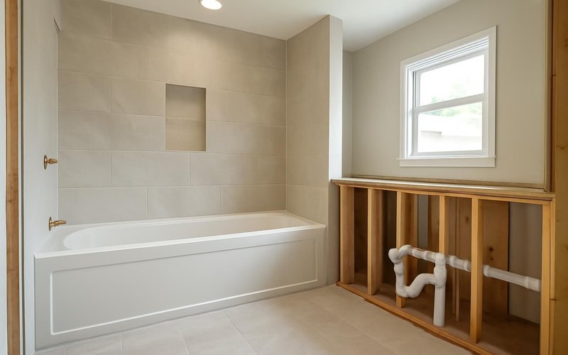 AI concept: Primary bathroom framed with new drain lines