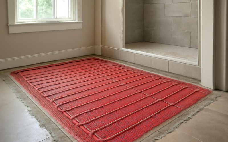 AI concept: Heated floor mat laid before tile installation