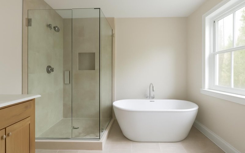 AI concept: Finished primary bathroom with glass shower and freestanding tub