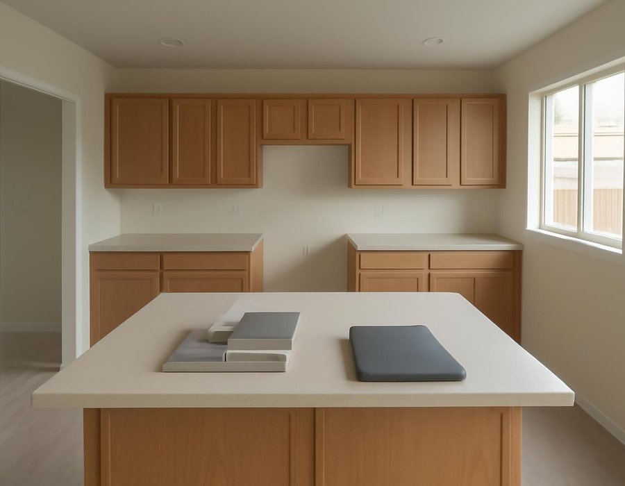 AI concept: An empty American kitchen in the planning stage with material samples on the island and a blank closed folder