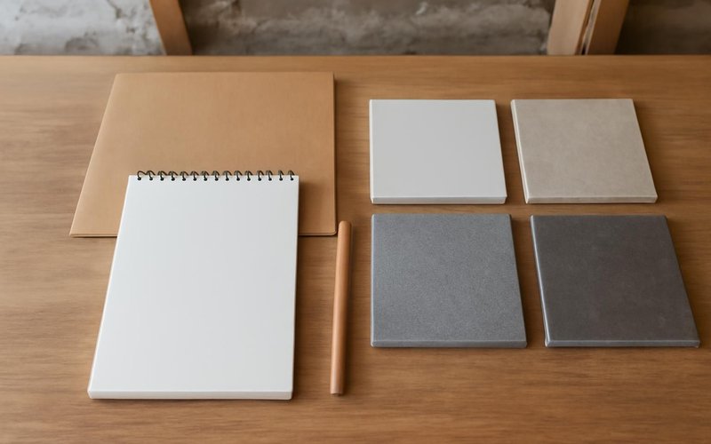 AI concept: A renovation budgeting workspace with a completely blank notepad, pencil, plain closed folder and unmarked tile samples, no calculator or printed papers