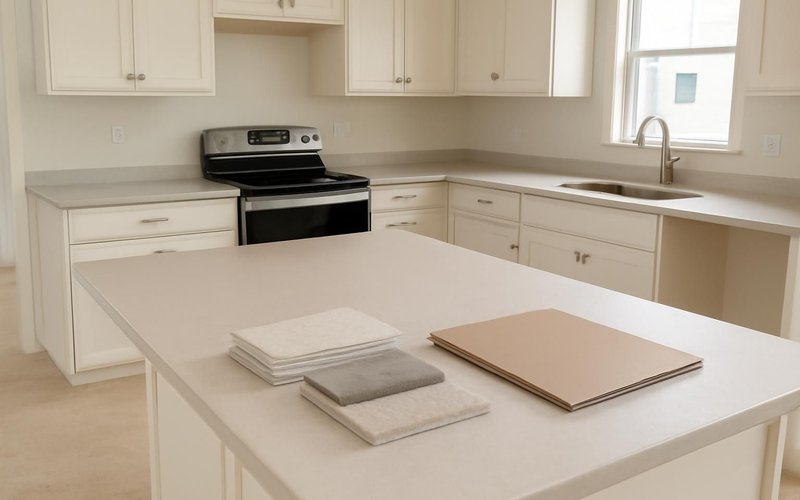 AI concept: An empty American kitchen in the planning stage with material samples on the island and a blank closed folder