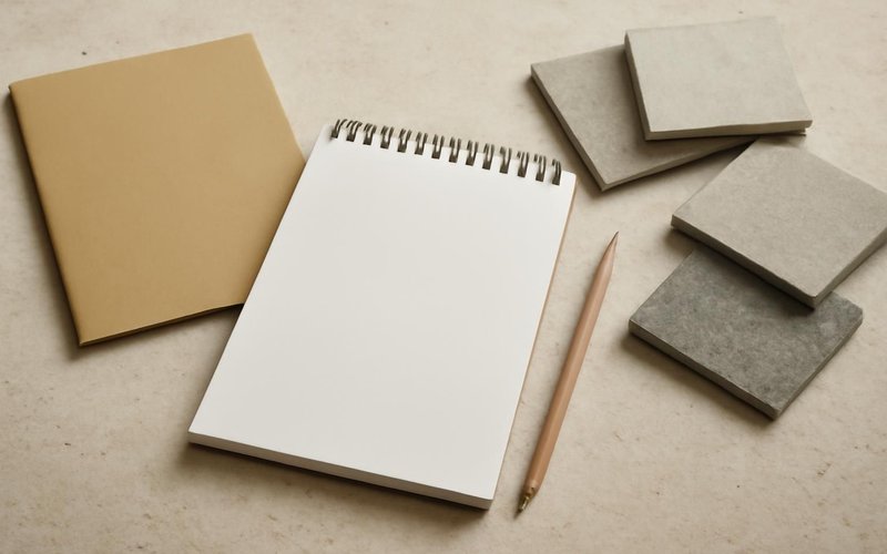 AI concept: A renovation budgeting workspace with a completely blank notepad, pencil, plain closed folder and unmarked tile samples, no calculator or printed papers