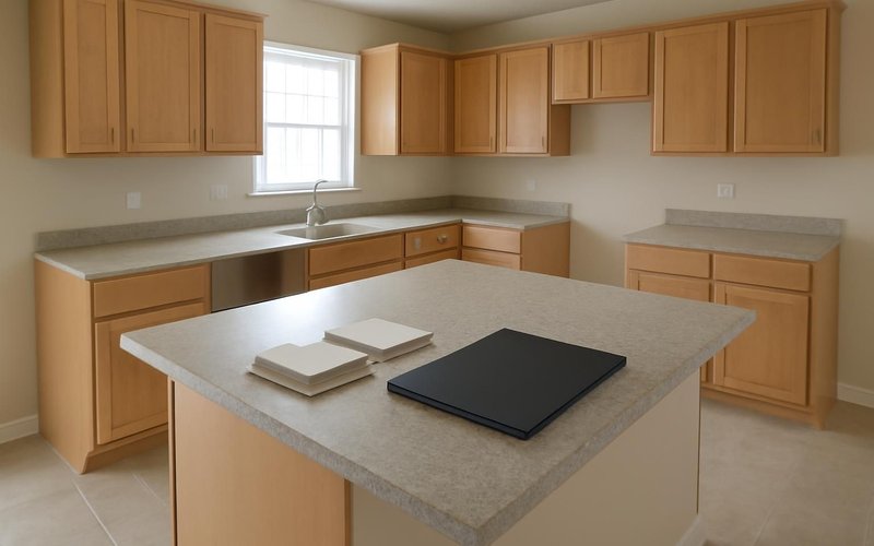 AI concept: An empty American kitchen in the planning stage with material samples on the island and a blank closed folder