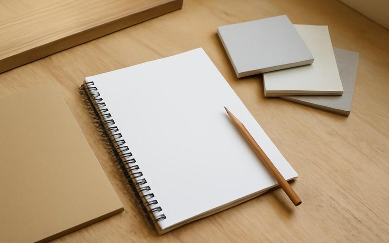 AI concept: A renovation budgeting workspace with a completely blank notepad, pencil, plain closed folder and unmarked tile samples, no calculator or printed papers