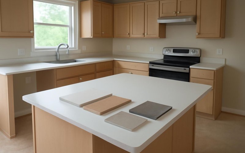 AI concept: An empty American kitchen in the planning stage with material samples on the island and a blank closed folder