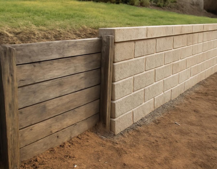 Leaning timber retaining wall next to a new segmental block wall