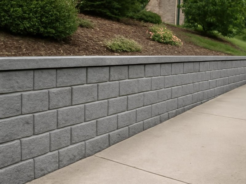 After: gray segmental block wall with caps along the driveway