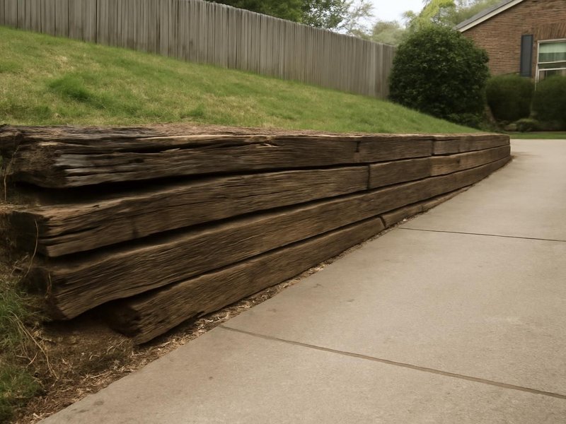 Before: rotting railroad tie wall leaning over a driveway
