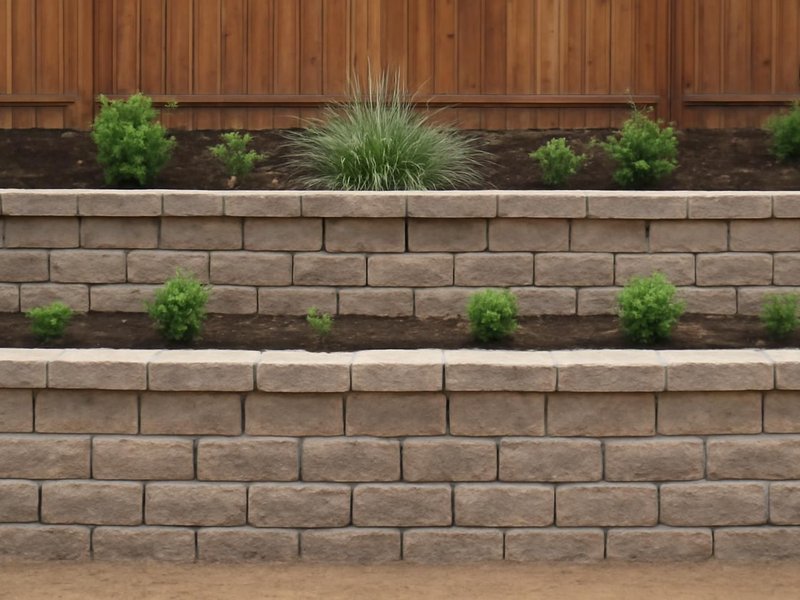 After: two terraced block walls with planting beds between them